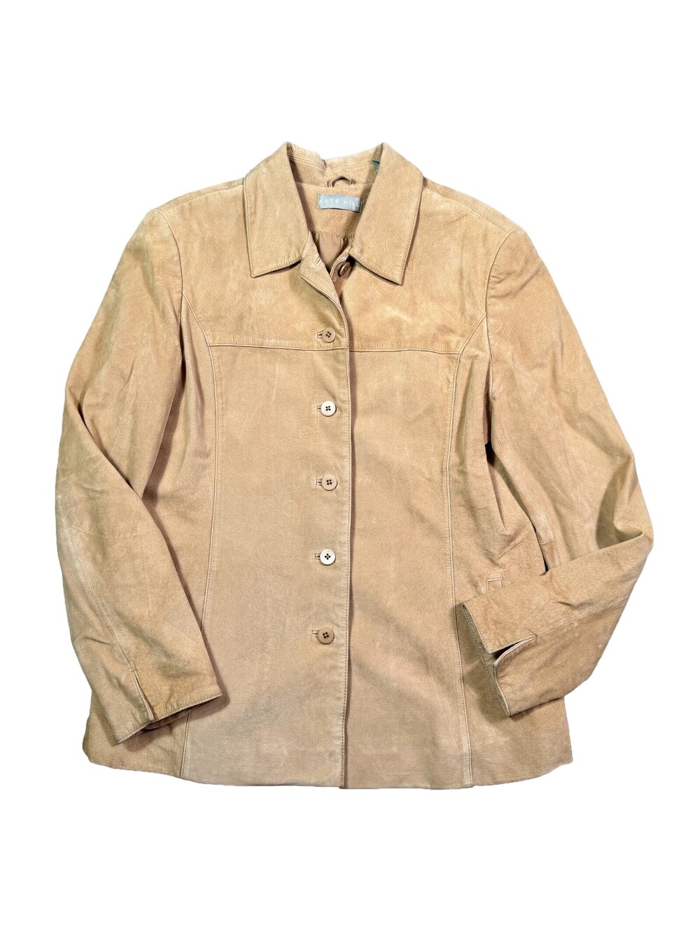 Kate Hill Women's Large Tan Suede Leather Jacket Button Front Camel Y2K Blazer